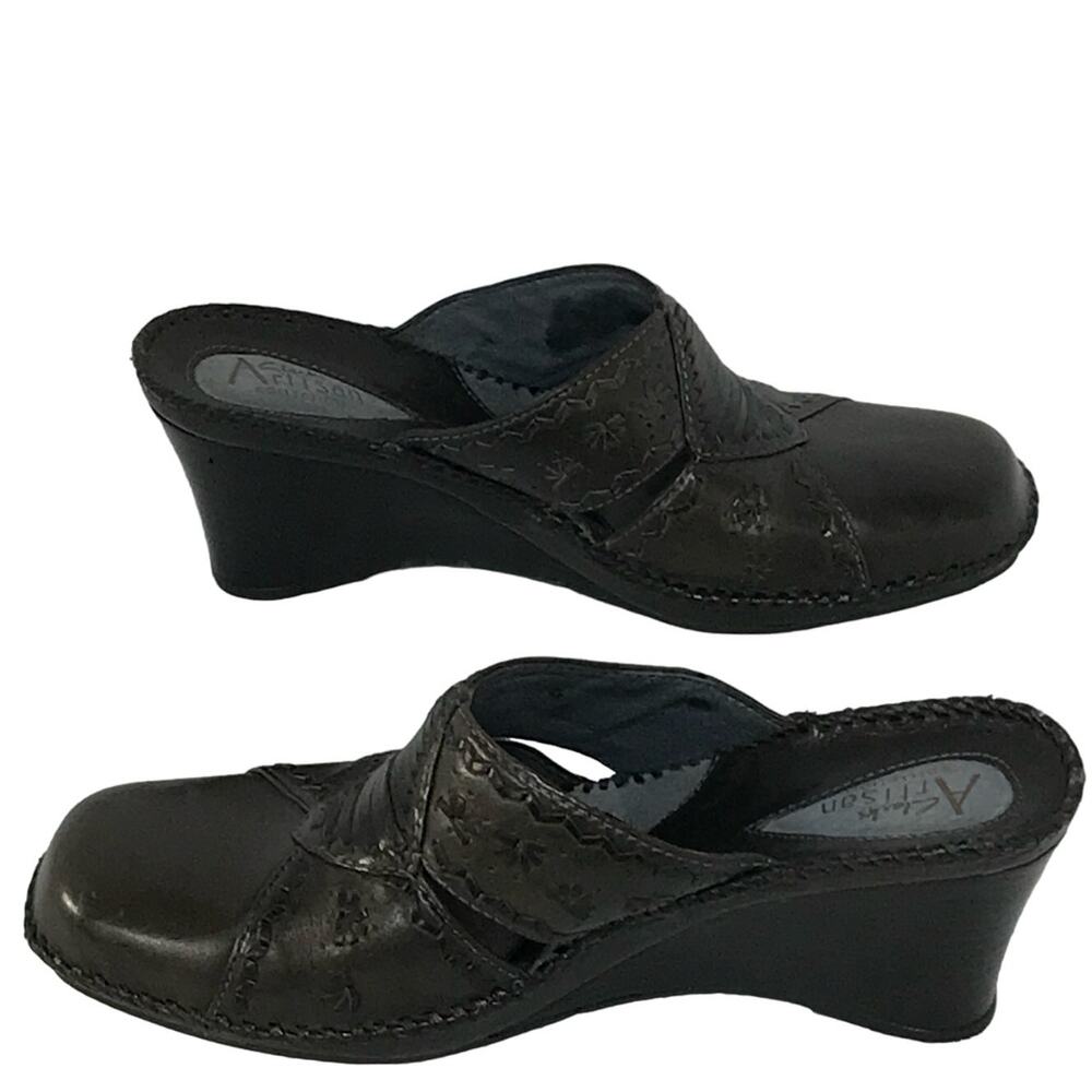Clarks Artisan Dark Gray Leather Slip On Comfort Heeled Wedge Mule Shoe Women 8 - Picture 1 of 8